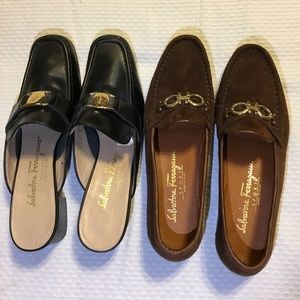 Salvatore Ferragamo Black Leather Mules & Brown Suede Loafers Set